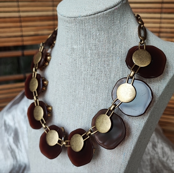 J. Crew Caramel Rhinestone Baguette Square Cut Statement Necklace Brown Smoke - Picture 3 of 11